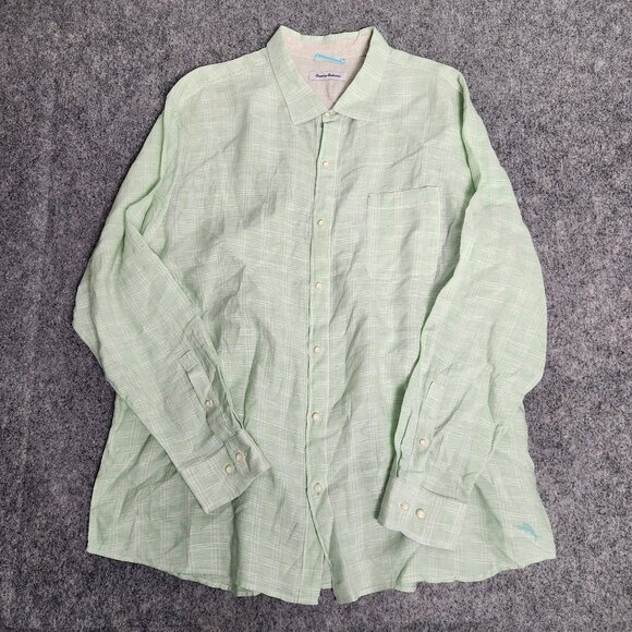 Tommy Bahama Linen Hawaiian Shirt Men 3XL Green Check Plaid Long Sleeve Vacation - Picture 1 of 7